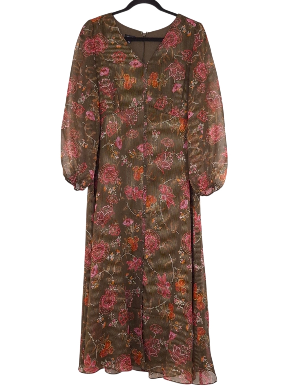 Talbots Graceful Floral Midi Dress balloon sleeve button up metallic olive green